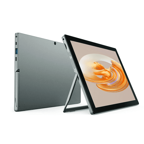 GetMi 100W tablet PC highlighting front screen, rear ports, and adjustable stand