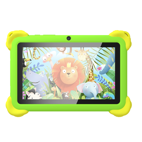 GetMi 740 Kids Tablet PC with green protective case and cartoon animal display