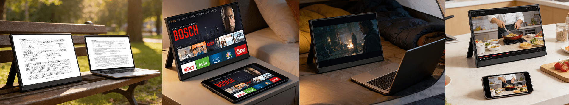 Portable Monitor showing multiple usage scenarios: work, entertainment, and cooking
