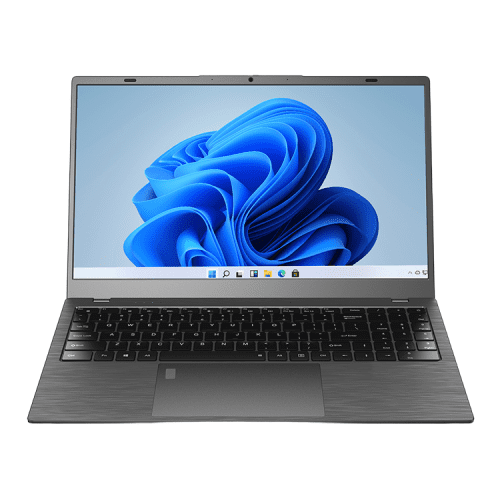 GetMi TK-E156E laptop open on white background with vibrant screen