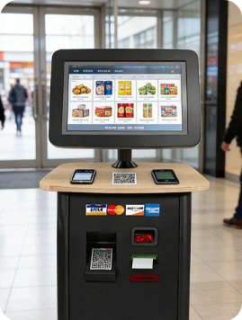 Shop Interactive GetMi shop kiosk showing products on screen and mobile payment options